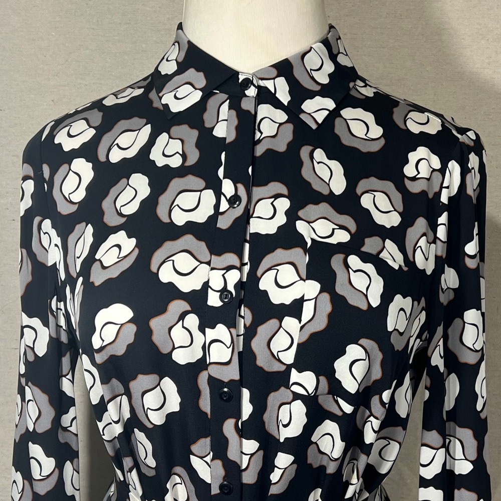 Diane von Furstenberg DVF Black White‎ Floral Rose Silk Blend Shirt Dress 14 EUC - Picture 5 of 12
